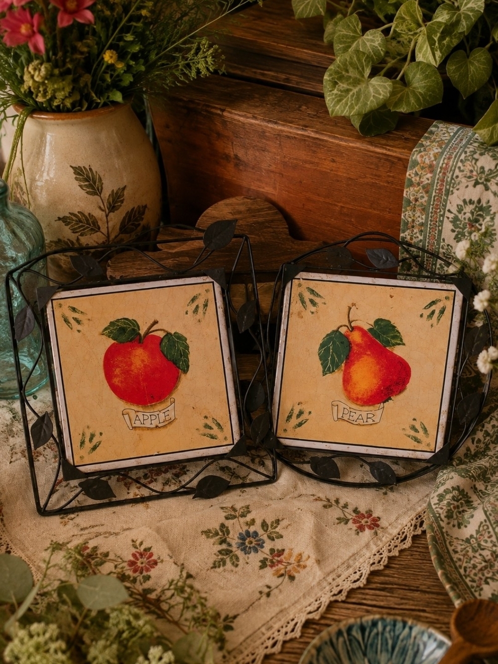 Farmers Market Rustic Fruit Ceramic Tile Wall Decor Red/Orange Pear & Apple